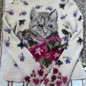 Wool Floral Cat knit Sweater - Cream and Pink with bees